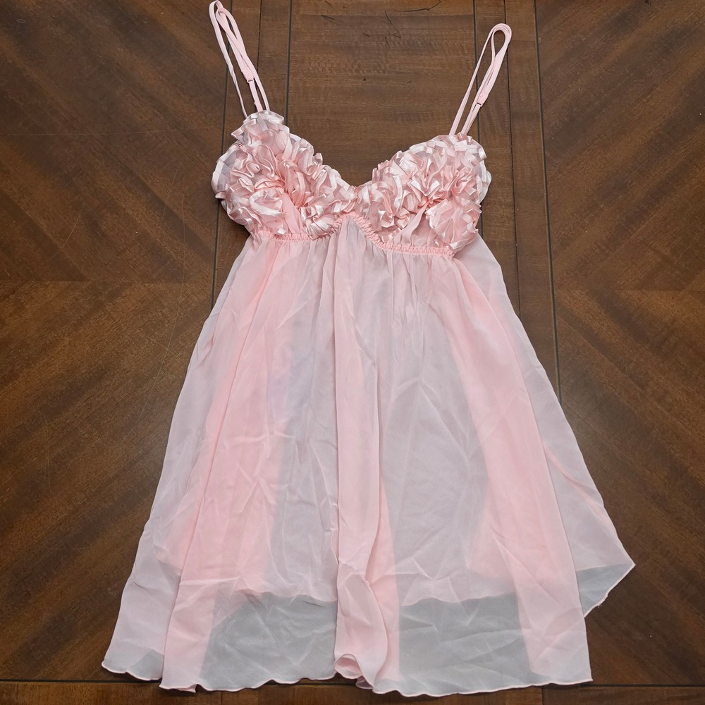 Vintage Victorias Secret Y2K Pink Sheer Chiffon Babydoll Chemise Ruffle Bust L